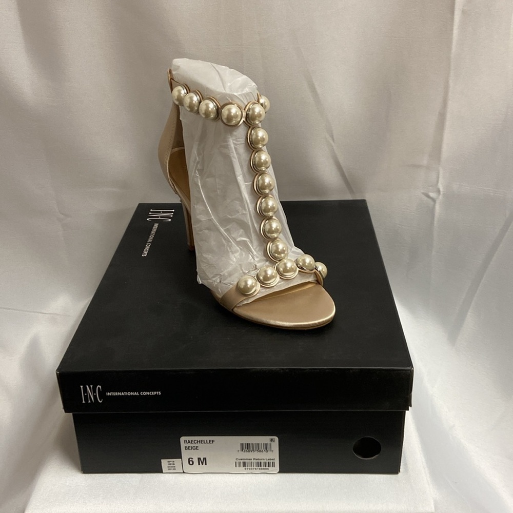 INC Raechelle T-Strap Pearl Embellished Heels Beige Satin Size 6 NIB